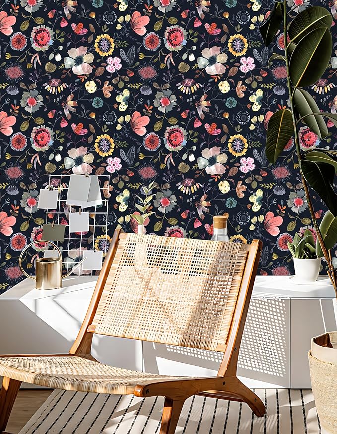 Wallpaper Peel and Stick Floral Wall Paper Removable Waterproof Blue/Red/Yellow Contact Paper for Bedroom Cabinets Shelf Drawers Renter Friendly 17.3" x 118" - Image 2