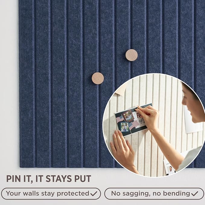VIVELDA Felt Bulletin Board Tiles 48"x36" - 12-Pack Cork Board Alternative, OEKO-TEX Certified, NRC 0.95 Acoustic Felt Wall Panels, Damage-Free Adhesive, Slatted Design Home Office, Classroom (Indigo) - Image 3