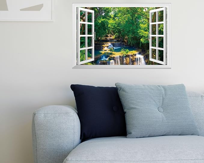 FLFK Fake Window Wall Decal - Jungle Waterfall Faux Window Wall Mural for Wall Decor, Peel and Stick Wall Sticker,24"x16" - Image 6