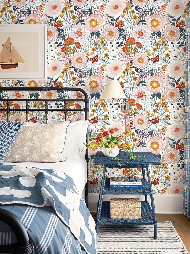 Dimoon Floral Wallpaper Peel and Stick Wallpaper Boho Retro Contact Paper 17.3''x385'' White Bohemian Vintage Removable Wall Paper Renter Friendly Waterproof Wall Mural Bedroom Bathroom Vinyl - Image 2
