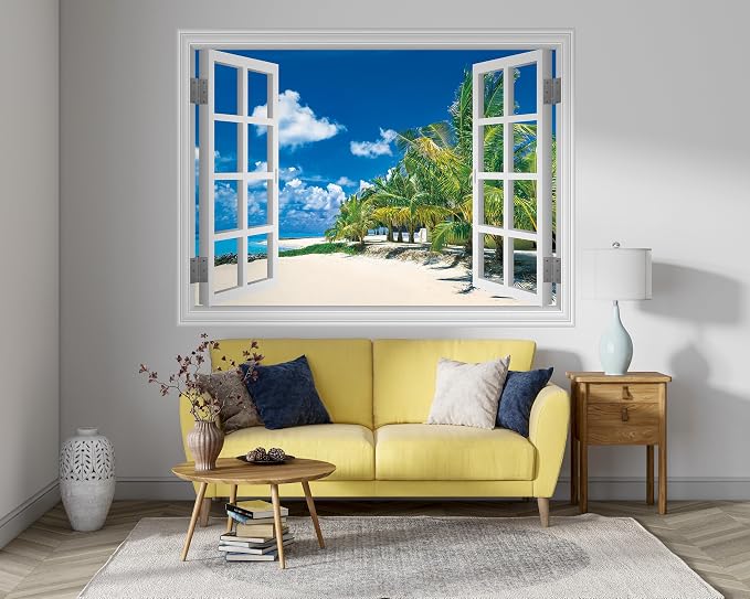 FLFK Fake Window Wall Sticker, White Frame Tropical Beach Scene, Peel and Stick Removable Wall Decal, Paradise Ocean View with Palm Trees, 80 x 60 Inches, Modern Style, Indoor Use - Image 3