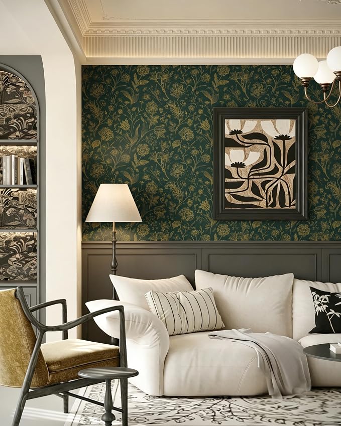 Dark Green and Gold Floral Peel and Stick Wallpaper 17in x197in | Floral Wallpaper Boho Removable Contact Paper Botanical Self Adhesive Decor Flower Wall Paper for Cabinets Bathroom - Image 7