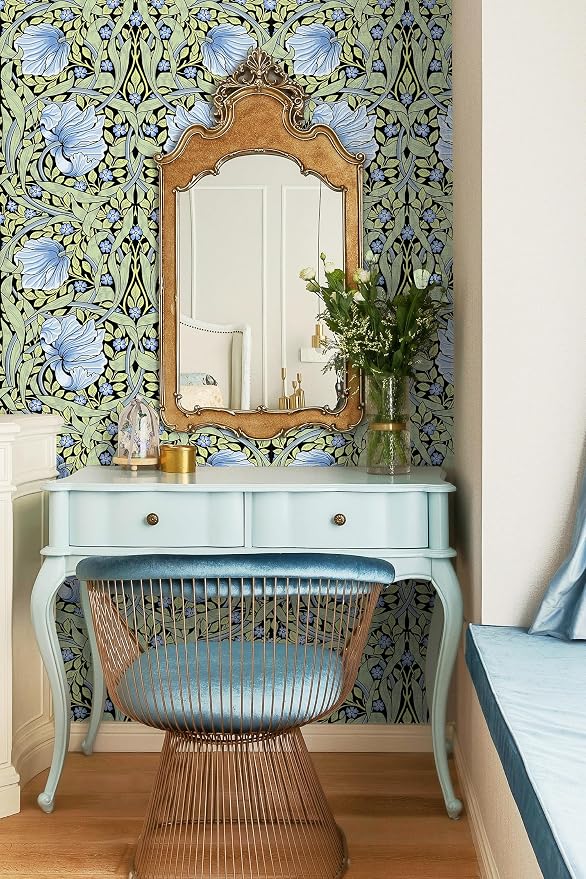 HAOKHOME William Morris Peel and Stick Wallpaper Floral Blue Wall Paper | Textured Renter Friendly Removable Wall Paper Vintage Botanical Vine Bathroom Bedroom Stick on Contact Paper 17.3in x 9.8ft - Image 3
