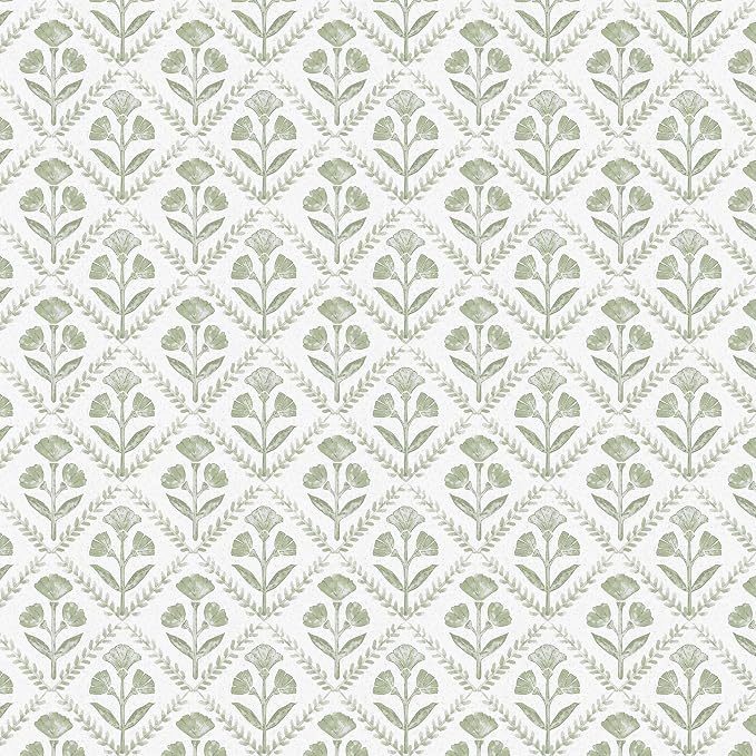 Dimoon Green Peel and Stick Wallpaper Floral Contact Paper Village Vintage Summer Cute Farmhouse Cottage Wall Paper Country Renter Friendly Geometry Waterproof Moody Bathroom Kitchen 78.7"x17.3" by DIYYOURMOON