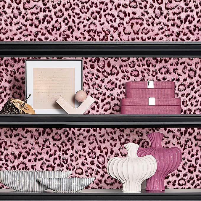 Leopard Print Peel and Stick Wallpaper, Waterproof Removable Self Adhesive Textured Wall Paper, Black and Pink Unique Funky Cheetah Contact Paper for Bedroom and Bathroom 120"X17.3"(14.4 sq. ft) - Image 8