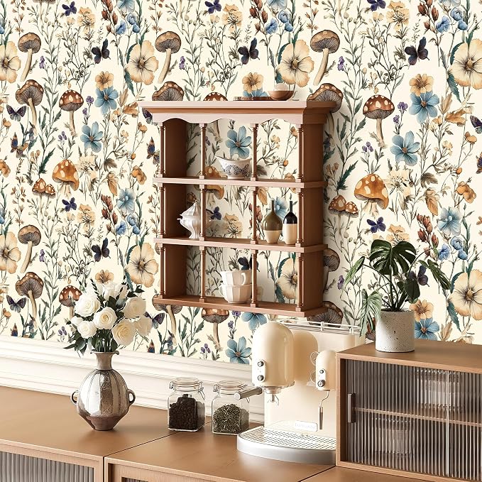 Froluya Mushroom Wallpaper Peel and Stick Vintage Floral 16.9" x 590.5" | Boho Floral Contact Paper Peel and Stick Mushroom Forest Self Adhesive Removable Wall Paper for Bathroom Cabinets Liner Vinyl - Image 7