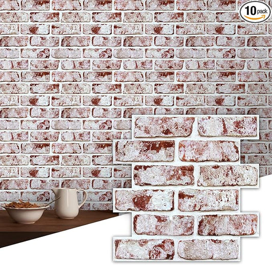 Commomy Faux Brick Wall Panels Peel and Stick Thin PVC 10 Pcs 11.8" x 11.8" | Small Size Thin PVC Fake 3D Brick Wallpaper for Kitchen,Fireplace,Home Office,Wall Covering Decor(Covers 9.7 sq.ft) by CommomyDecor