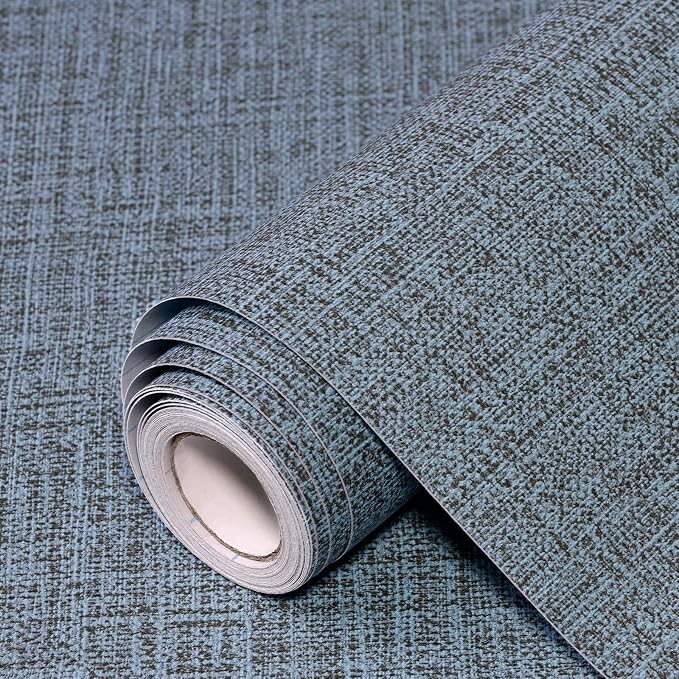 Blue Gray Grasscloth Peel and Stick Wallpaper 17.3"x300" Faux Linen Textured Contact Paper Removable Self Adhesive Vinyl Wallpaper for Bedroom Bathroom Kitchen Cabinets by Uooar