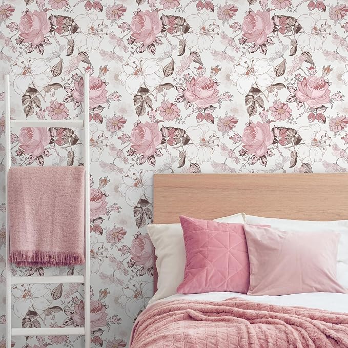 Hopepak 16.1''x394'' Floral Peel and Stick Wallpaper Modern Pink Contact Paper Removable Self Adhesive Wall Paper for Bedroom Bathroom Cabinets Decor Waterproof Vinyl - Image 2