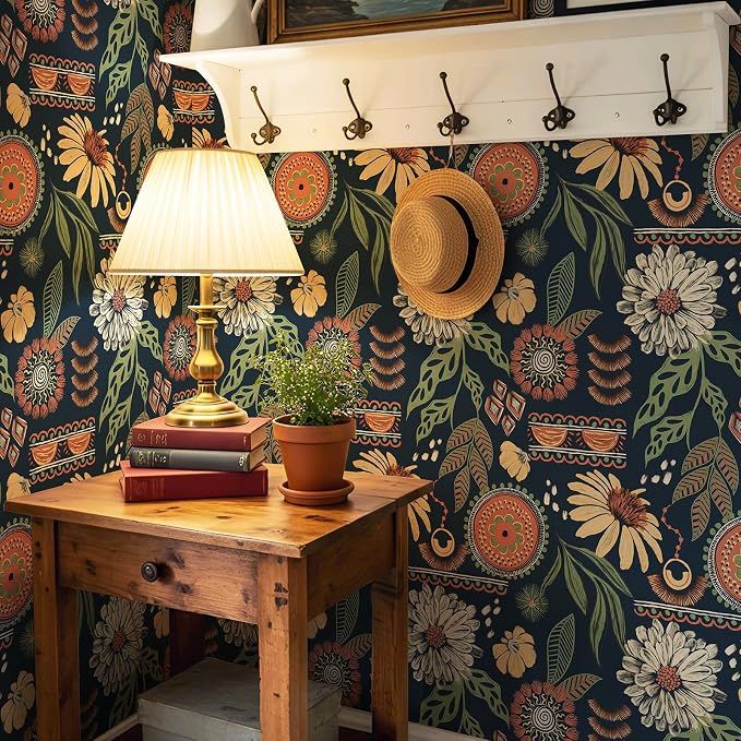 Simon&Siff Boho Sun Floral Retro Peel and Stick Wallpaper 17.3" x 480" | Removable Waterproof Self Adhesive Contact Paper Renter Friendly for Cabinets, Furniture, Bedroom, Bathroom, DIY Decor - Image 5