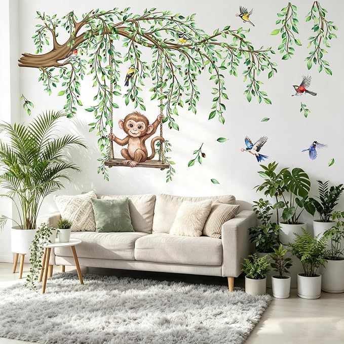 Large Tree Branch Wall Decal Green Leaf Vine Monkey DIY Home Decor Sticker by DEKMILE