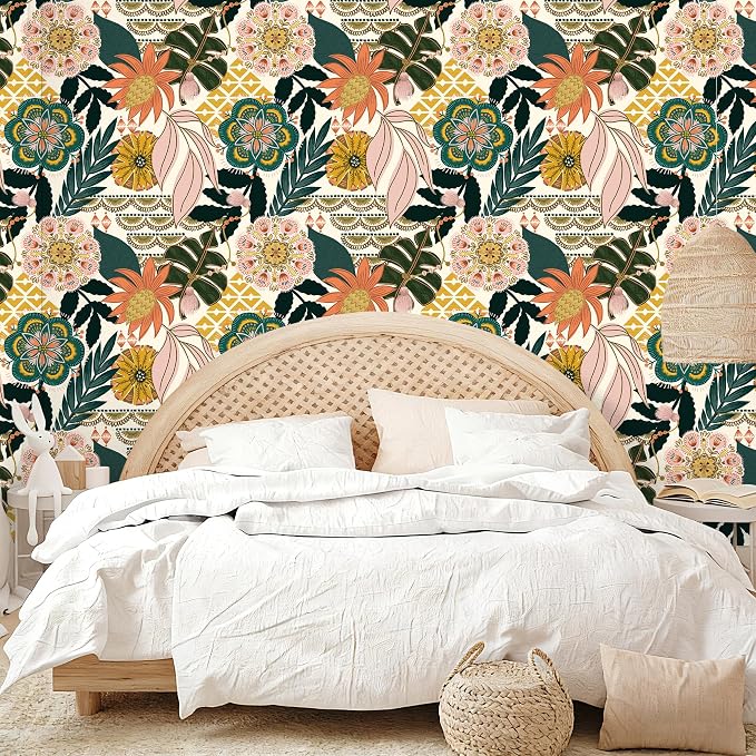 HAOKHOME Tropical Peel and Stick Wallpaper Boho Floral Botanical Bathroom | Textured Removable Waterproof Renter Friendly Wall Paper Cream Pink Green Leaf Floral Abstract Bohemian Bedroom 17.3in x9.8ft - Image 2