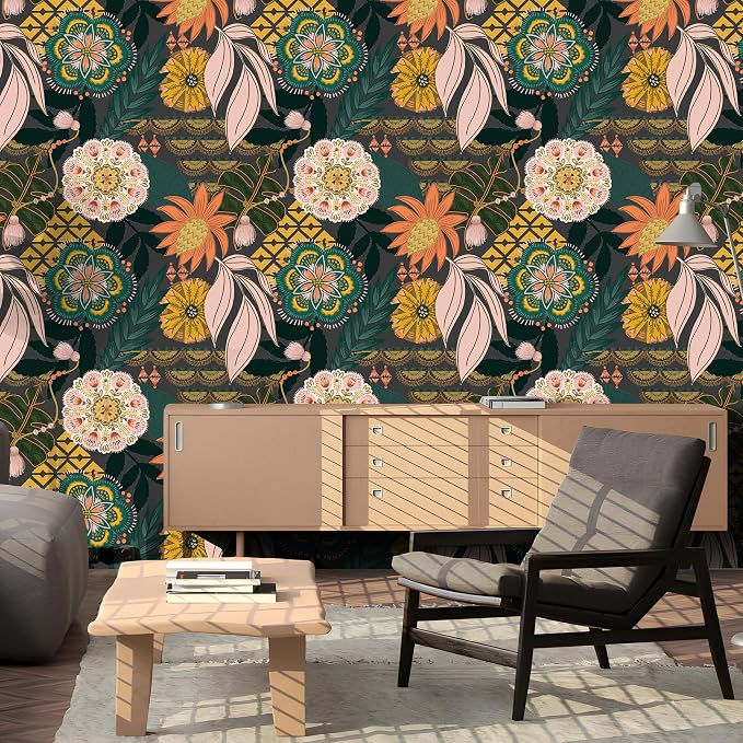 HAOKHOME Funky Peel and Stick Wallpaper Boho Tropical Floral Grey Vintage | Textured Removable Waterproof Renter Friendly Wall Paper Dark Gray Pink Green Banana Leaf Bathroom Bedroom 17.3in x 9.8ft - Image 7