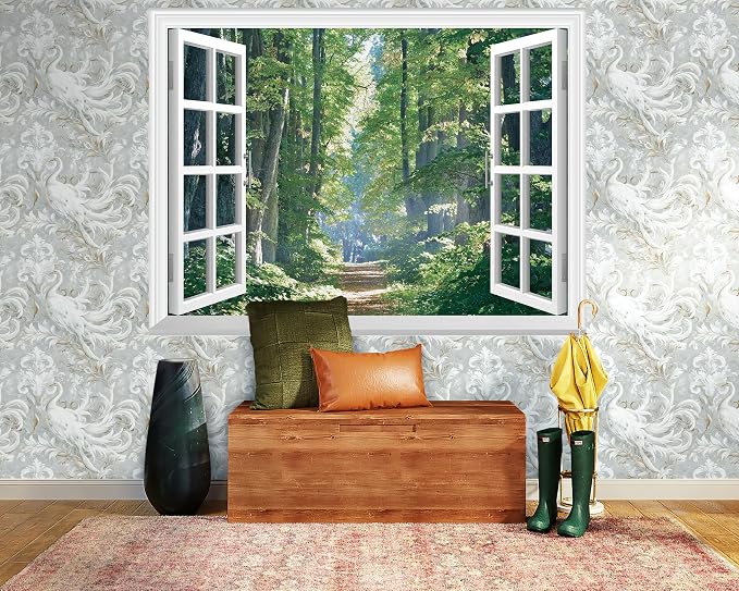 FLFK Fake Window Wall Mural - Road in The Forest Faux Window Wall Decal for Wall Decor, Peel and Stick Wall Sticker,80"x60",Set of 5 Sheets - Image 3