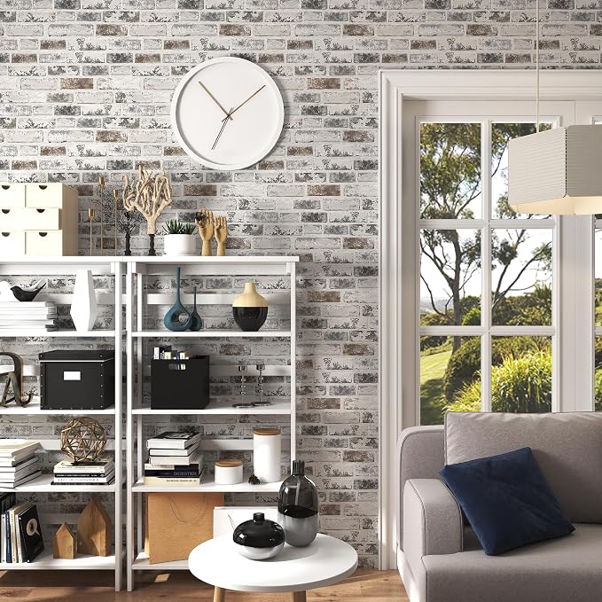 PeonyQueen Brick Peel and Stick Wallpaper 17.3"x590" 3D Brick Wallpaper | Self Adhesive Removable Wallpaper Grey and White Textured Vintage Contact Paper for Fireplace Kitchen Home Decoration Vinyl - Image 4