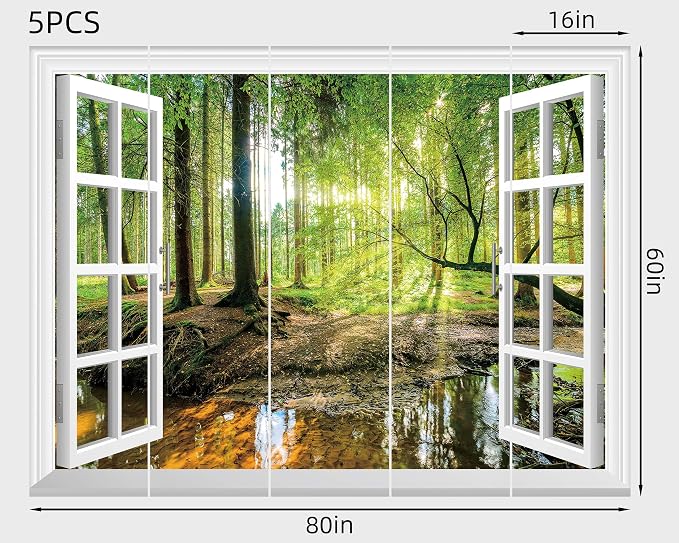 FLFK Fake Window Wall Mural - Forest Jungle Faux Window Wall Sticker for Wall Decor, Stick and Peel Wall Decals,80"x60",Set of 5 Sheets - Image 2