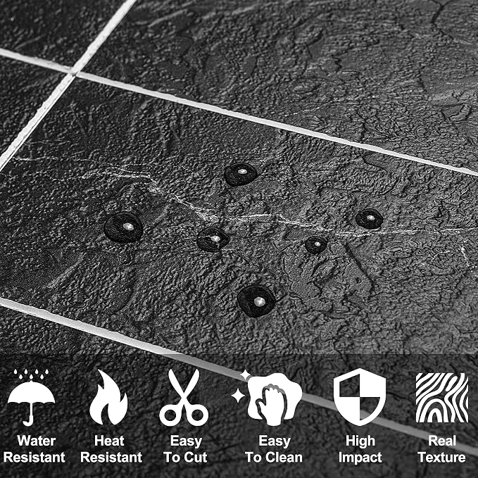 AULIGET 100 Piece Faux Stone Backsplash Peel and Stick PVC Tile, 3 Inch x 6 Inch Black Marble with White Grout Stick on Tiles for Backsplash Kitchen, Bathroom, Laundry Room, Camper, Fireplace - Image 3