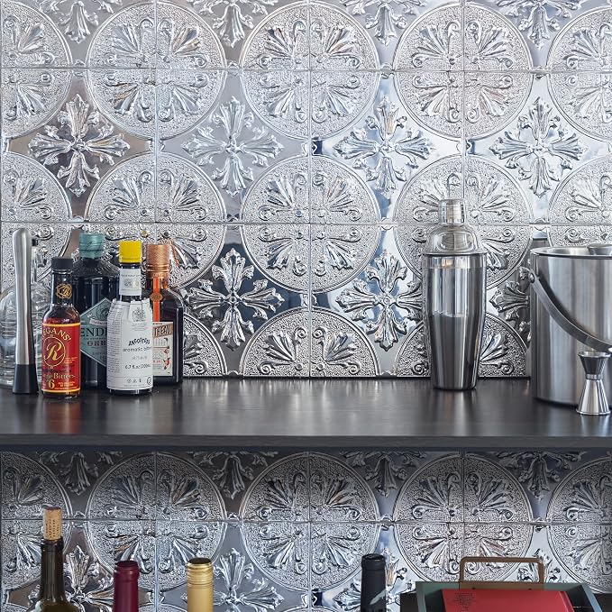 Peel and Stick Metal Backsplash Tiles, Silver Fleur, 10-Pack | 8 x 8 in tile size; Covers up to 4.44 sq ft; Aluminum; Water-resistant surface; For kitchens, ceilings, DIY projects - Image 3