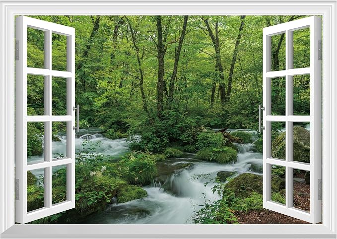 FLFK Fake Window Wall Sticker - Streams in The Jungle Faux Window Wall Mural for Wall Decor, Stick and Peel Wall Decals,24"x16" by FLFK