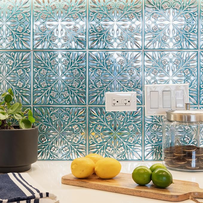 Peel and Stick Metal Tiles, Teal & Silver Leaves, 10-Pack | 8 x 8 in tile size; Covers up to 4.44 sq ft; Aluminum; Water-resistant surface; For kitchens, ceilings, DIY projects - Image 3