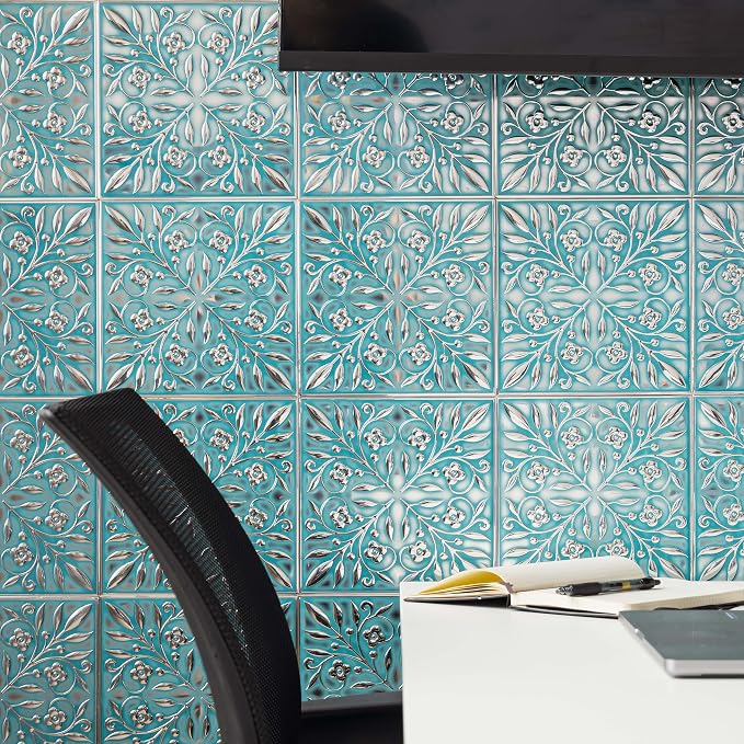 Peel and Stick Metal Tiles, Teal & Silver Leaves, 10-Pack | 8 x 8 in tile size; Covers up to 4.44 sq ft; Aluminum; Water-resistant surface; For kitchens, ceilings, DIY projects - Image 8