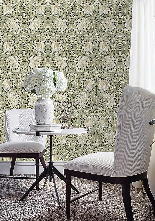 HAOKHOME William Morris Wallpaper Vintage Wall Paper Sage Green Removable | Textured Renter Friendly Stick On Wall Paper Yellow Retro Floral Mural Bathroom Bedroom Nursery Contact Paper 17.3in x 9.8ft - Image 2