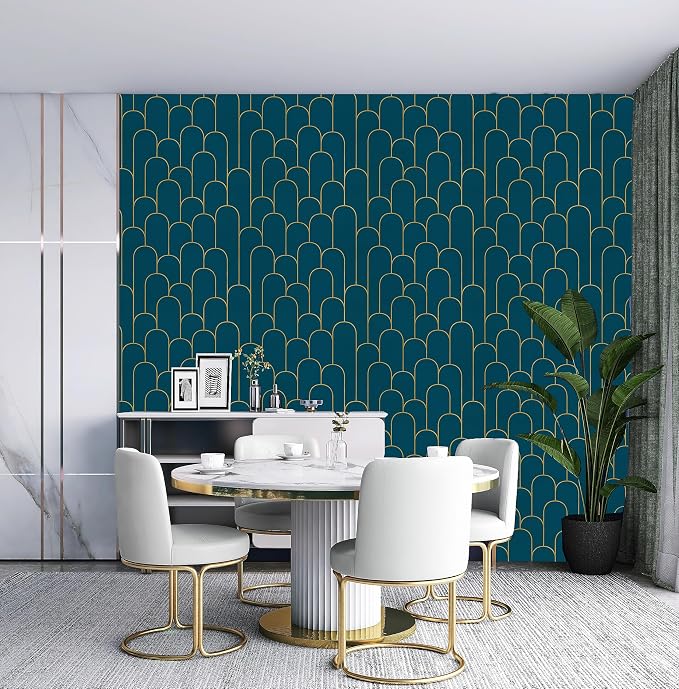 Yasinet Peel and Stick Wallpaper Blue and Gold Wallpaper Blue Geometric Contact Paper Removable Self-Adhesive Stripe Waterproof Wall Paper Decorative for Wall Bedroom Vinyl Film 17.3”x118” - Image 7