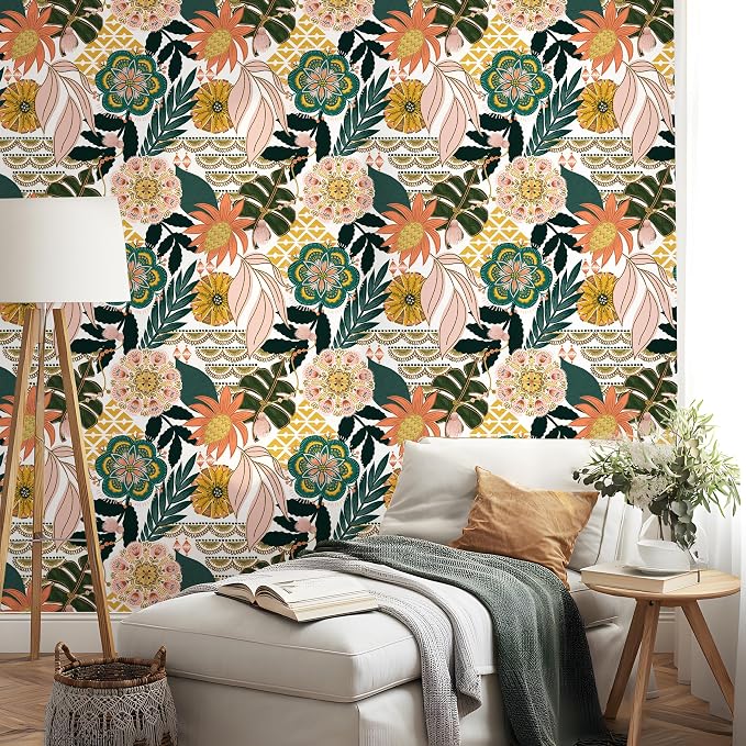 HAOKHOME Peel and Stick Wallpaper Boho Tropical Floral Retro 17.3in x32.8ft | Botanical Banana Leaf Textured Removable Waterproof Renter Friendly Wall Paper White Pink Green Contact Paper for Bathroom - Image 2