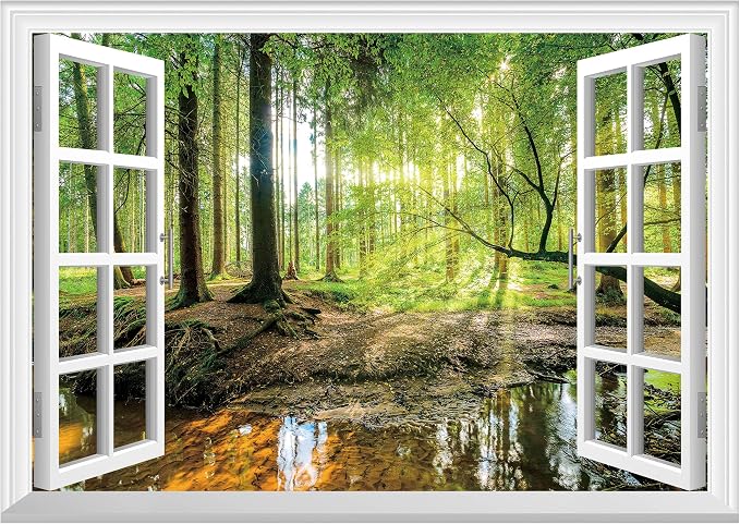 FLFK Fake Window Wall Mural - Forest Jungle Faux Window Wall Sticker for Wall Decor, Stick and Peel Wall Decals,80"x60",Set of 5 Sheets by FLFK