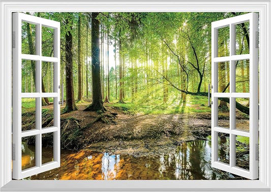 FLFK Fake Window Wall Mural - Forest Jungle Faux Window Wall Sticker for Wall Decor, Stick and Peel Wall Decals,80"x60",Set of 5 Sheets by FLFK