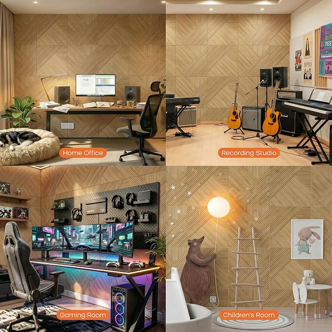 BUBOS 6-Pack Acoustic Panels, Wood Grain Sound Absorbing Panels, 23.6"x23.6" | Peel and Stick, for Home Office, Studio & Wall Decor Sound Treatment, Wall Panels for Noise Reduction & Stylish Room - Image 6
