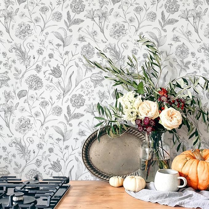White Grey Vintage Floral Peel and Stick Wallpaper 17in x 118in | Floral Wallpaper Boho Removable Contact Paper Botanical Self Adhesive Decor Flower Wall Paper for Cabinets Bathroom - Image 3