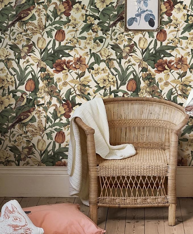 Erfoni Retro Floral and Bird Contact Paper Vintage Peel and Stick Wallpaper - Image 6
