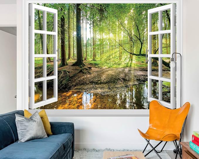 FLFK Fake Window Wall Mural - Forest Jungle Faux Window Wall Sticker for Wall Decor, Stick and Peel Wall Decals,80"x60",Set of 5 Sheets - Image 5